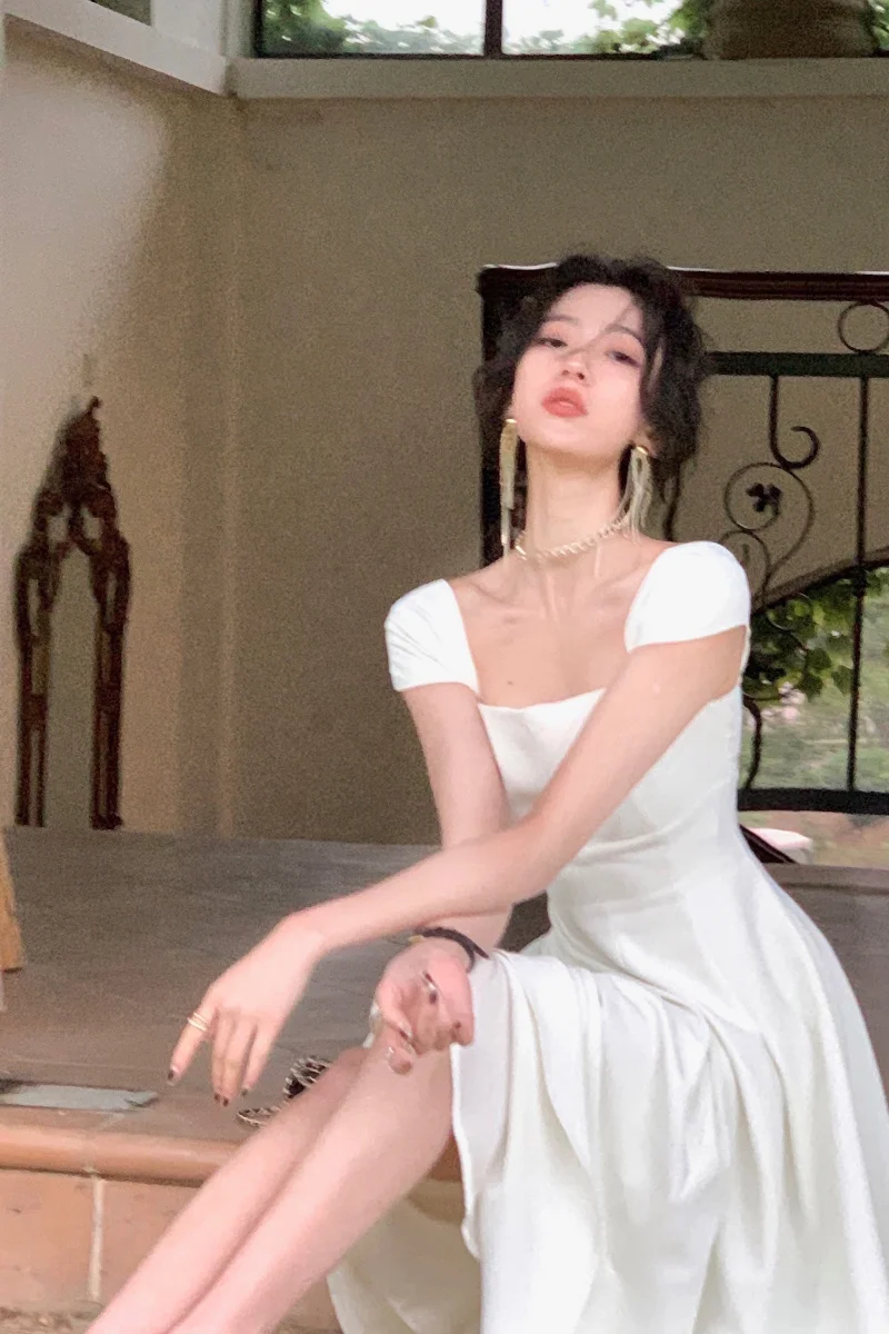 White summer dress women chic elegant square neck evening birthday party midi dress fg6023 - View 3 | VelvetHem