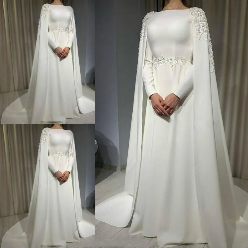 Muslim Wedding Dress with Cape Long Sleeves Beading Plus Size Satin Bridal Gowns fg6020 - View 2 | VelvetHem
