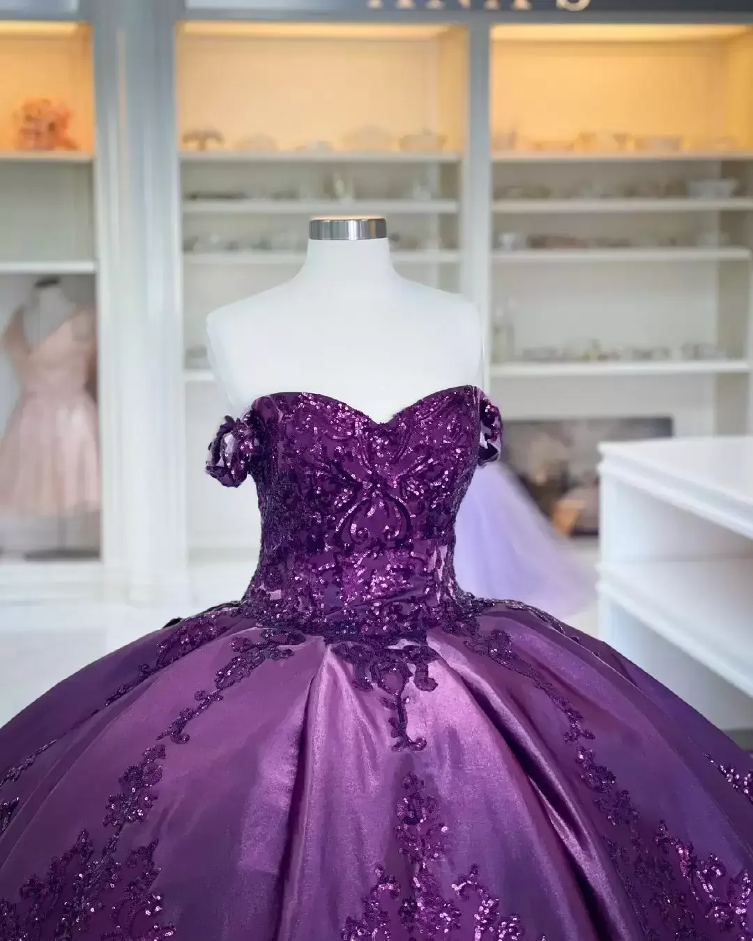Dark Purple Ball Gown Quinceanera Dresses Bling Sequined Applique Off Shoulder Prom Party Dress - View 2 | VelvetHem