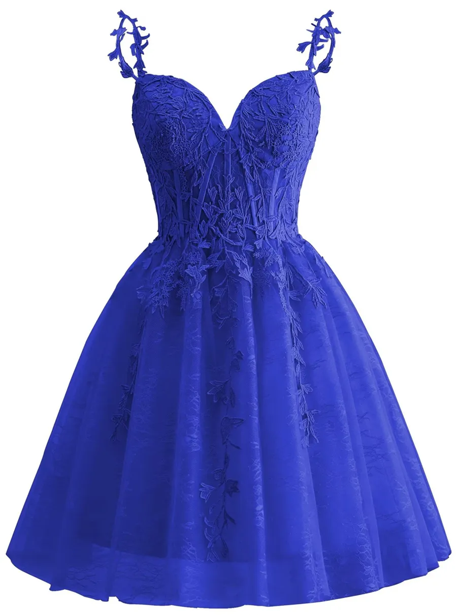 Spaghetti Strap Lace Homecoming Dresses for Teens 2024 Tulle Short Prom Dress Cocktail Gowns fg6049 - View 2 | VelvetHem
