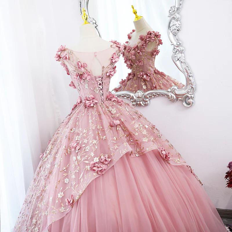 Lovely Pink Tulle Long Party Dress With Flowers, Pink Tulle Sweet 16 Gown