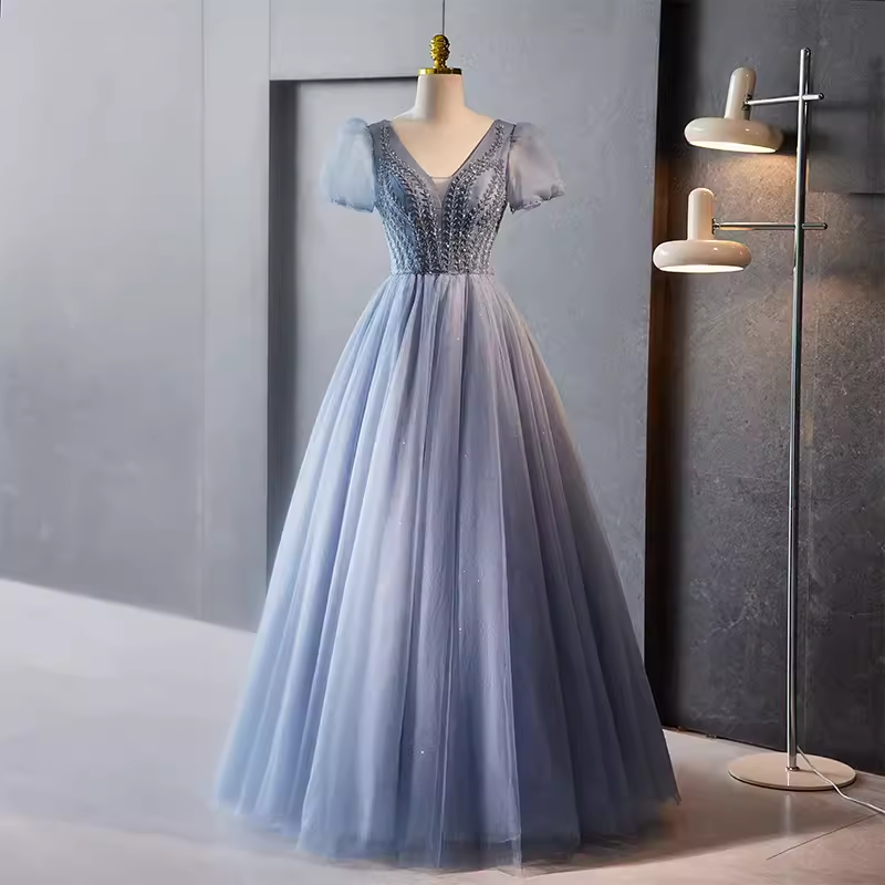 Sparkly A Line Blue Tulle Long Prom Dresses With Beads