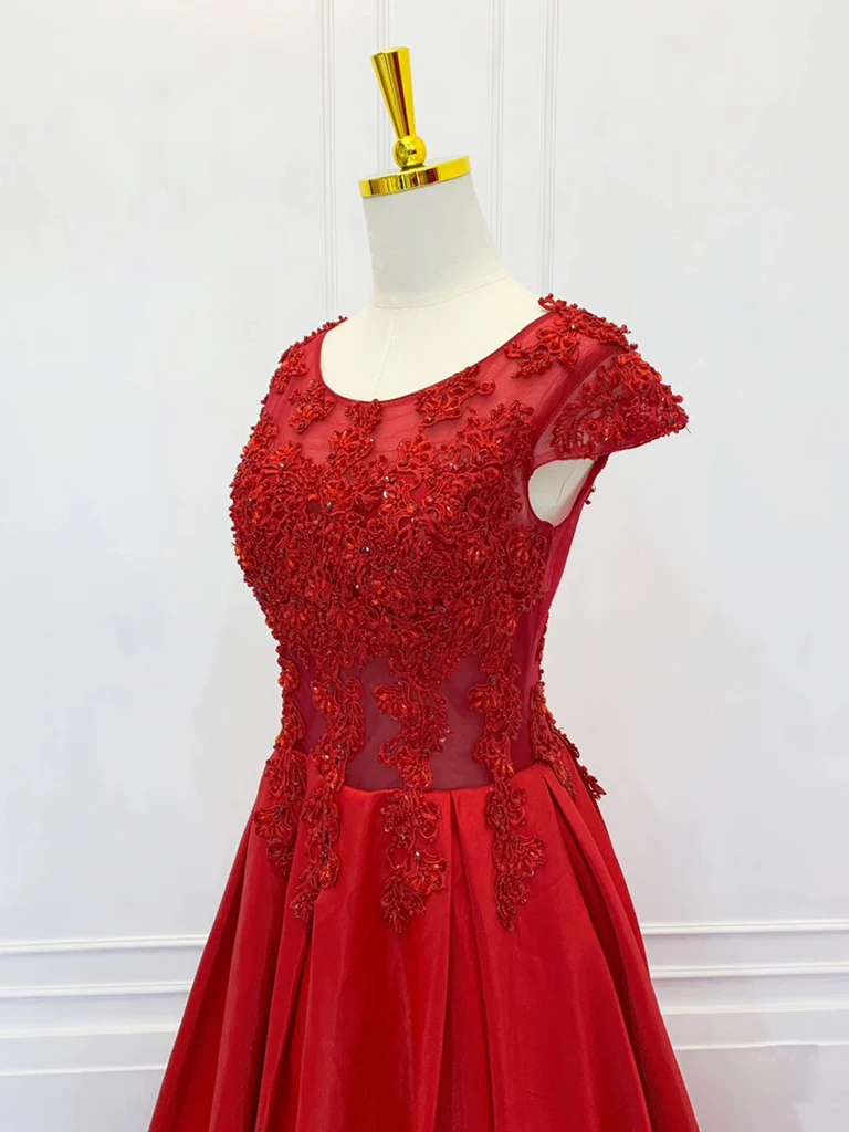 A-Line Scoop Neckline Satin Lace Burgundy Long Prom Dress