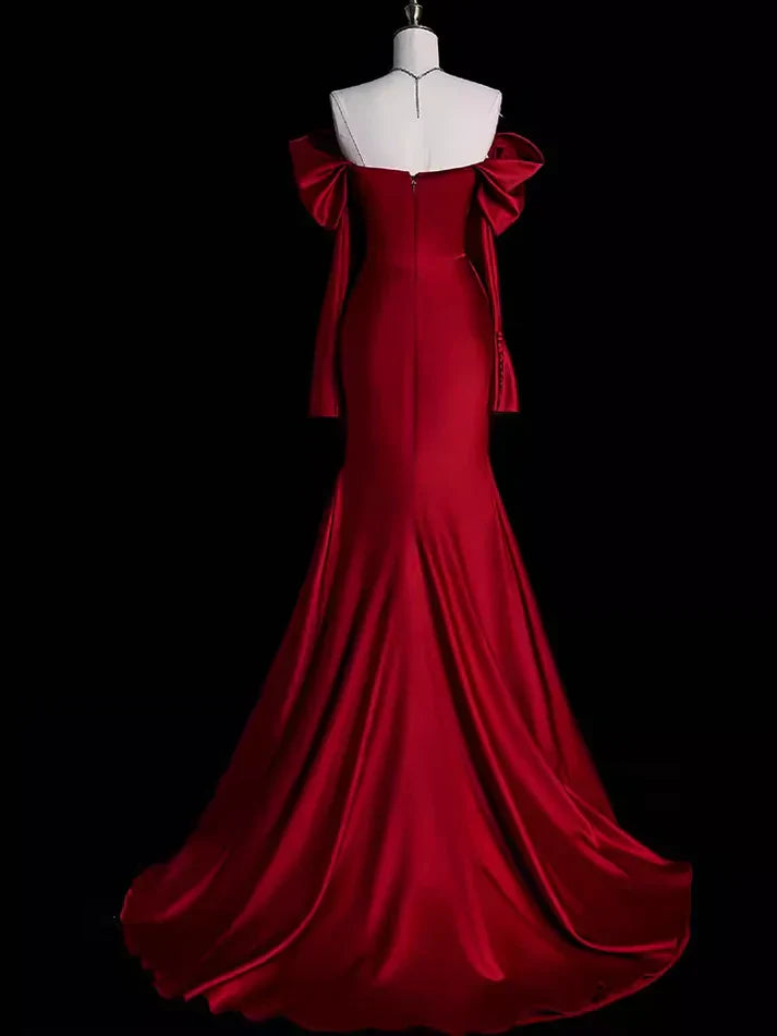 Burgundy Off The Shoulder Mermaid Long Satin Prom Dress Formal Party Evening Gown - View 3 | VelvetHem