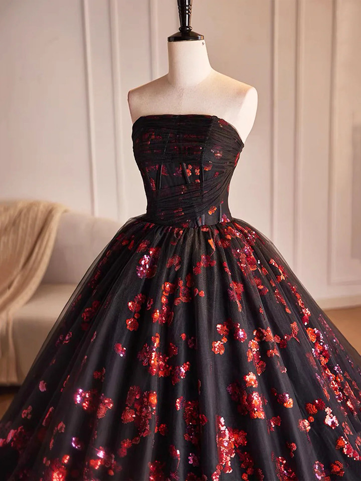 Black and Red Floral Tulle Long Strapless Formal Sweet 16 Dress - View 3 | VelvetHem