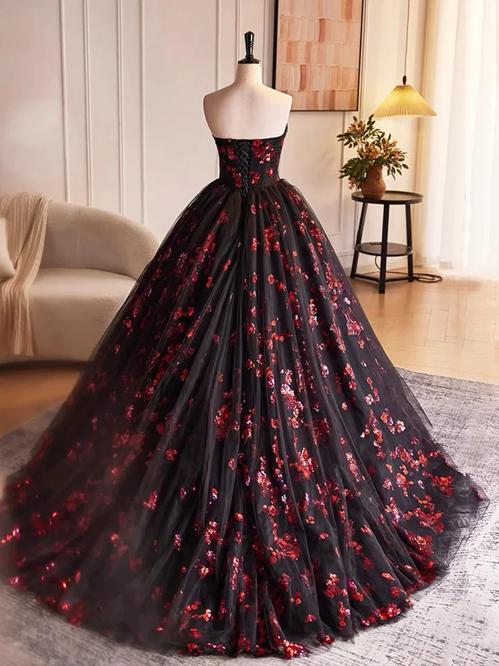 Black and Red Floral Tulle Long Strapless Formal Sweet 16 Dress - View 4 | VelvetHem