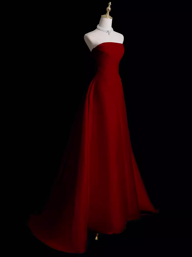 Sexy A Line Strapless Sleeveless Burgundy Long Prom Dress - View 2 | VelvetHem