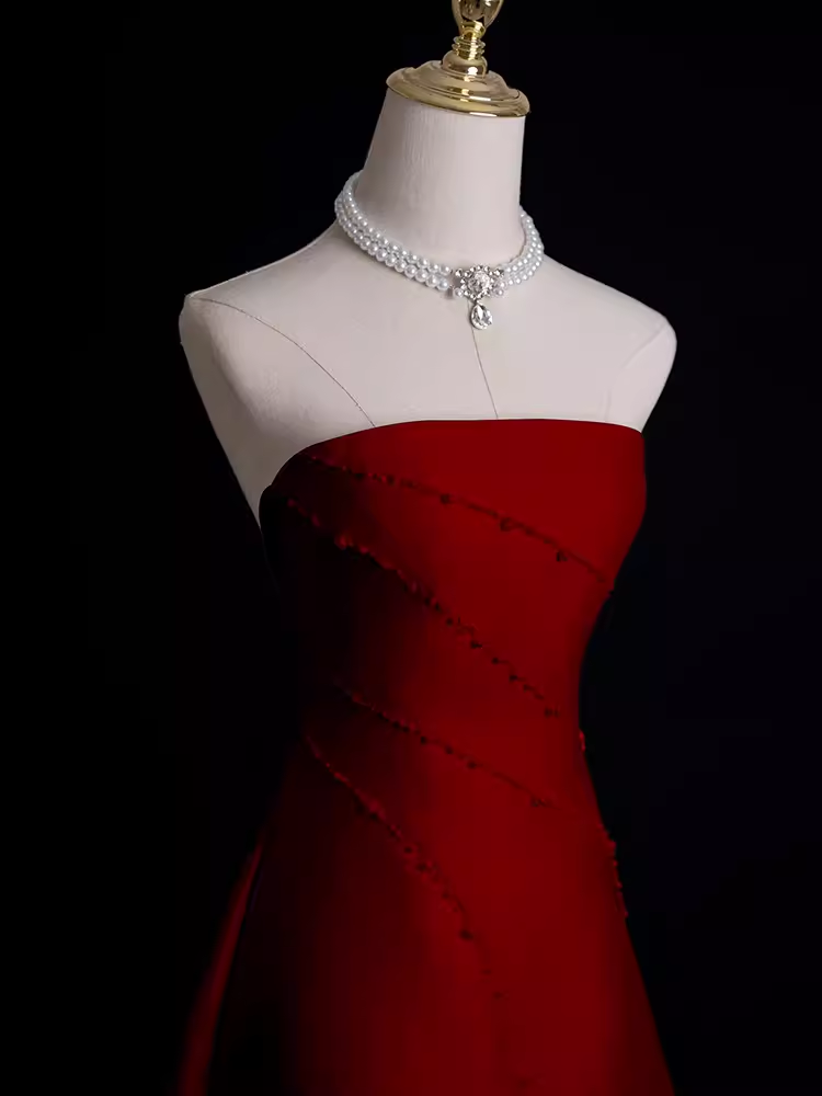 Sexy A Line Strapless Sleeveless Burgundy Long Prom Dress - View 4 | VelvetHem