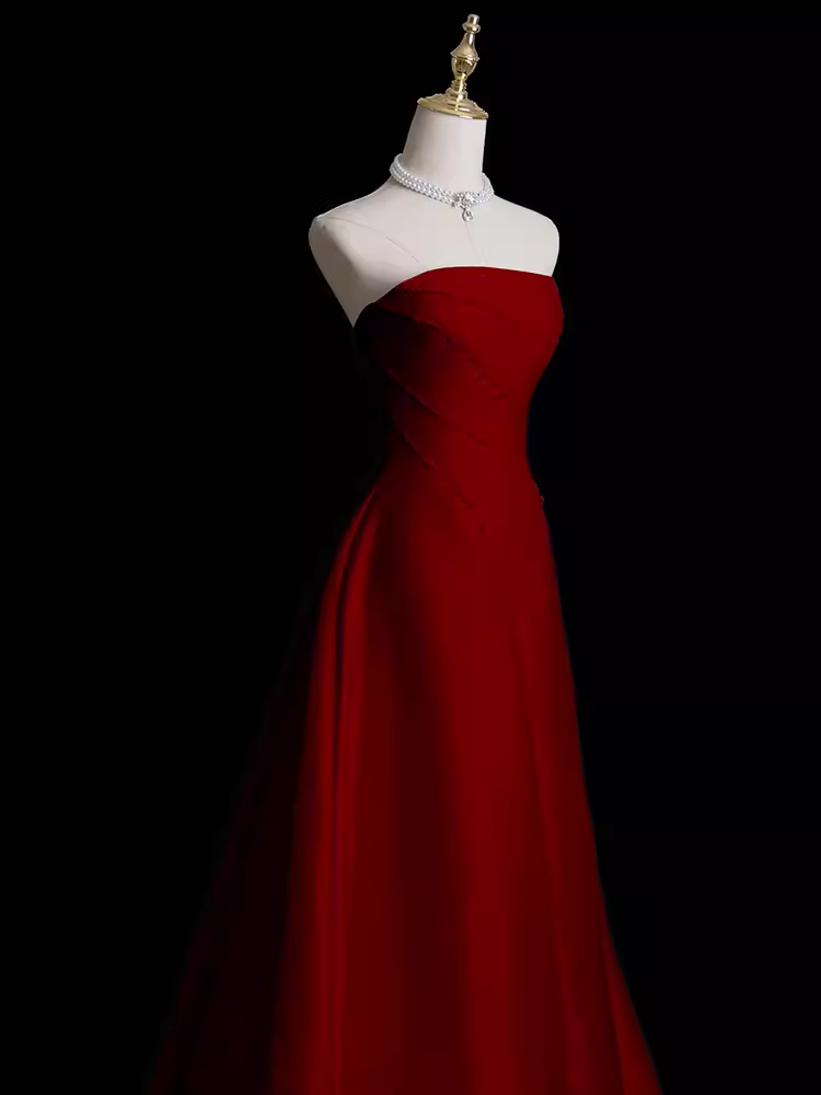 Sexy A Line Strapless Sleeveless Burgundy Long Prom Dress - View 3 | VelvetHem