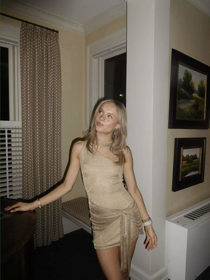 Sexy One Shoulder Champagne Satin Sequin Mini Cocktail Dress 6th Grade Homecoming Dress - View 3 | VelvetHem