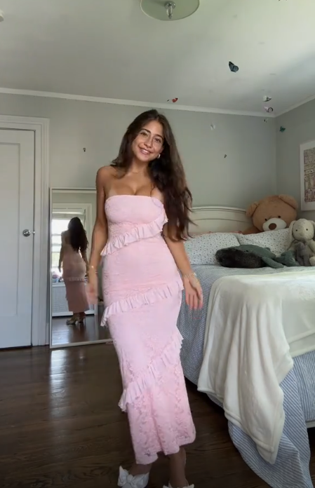 Classy Pink Strapless Lace Ruffles Party Dress Formal Prom Evening Gown - VelvetHem