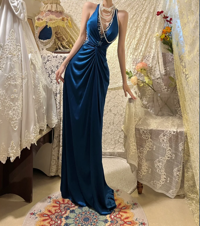 Fashion V Neck Navy Blue Satin Beaded Mermaid Long Party Dress Evening Dress - View 3 | VelvetHem