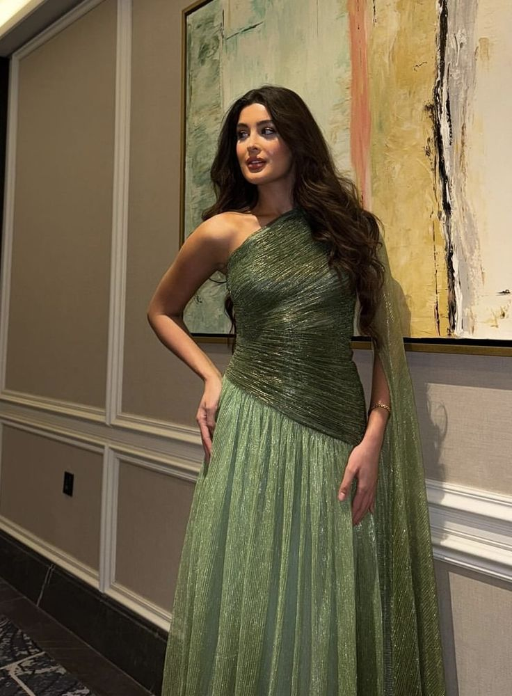 Shiny Green One Shoulder Tulle Pleated Long Wedding Guest Dress Formal Evening Dress - View 3 | VelvetHem