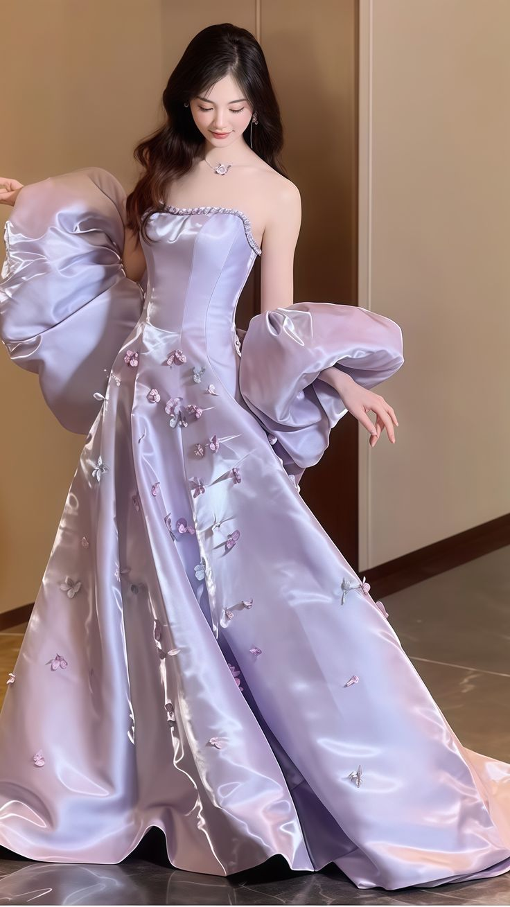 Pretty Lilac Satin Appliques Prom Dress Strapless A-Line Evening Gown Y7903