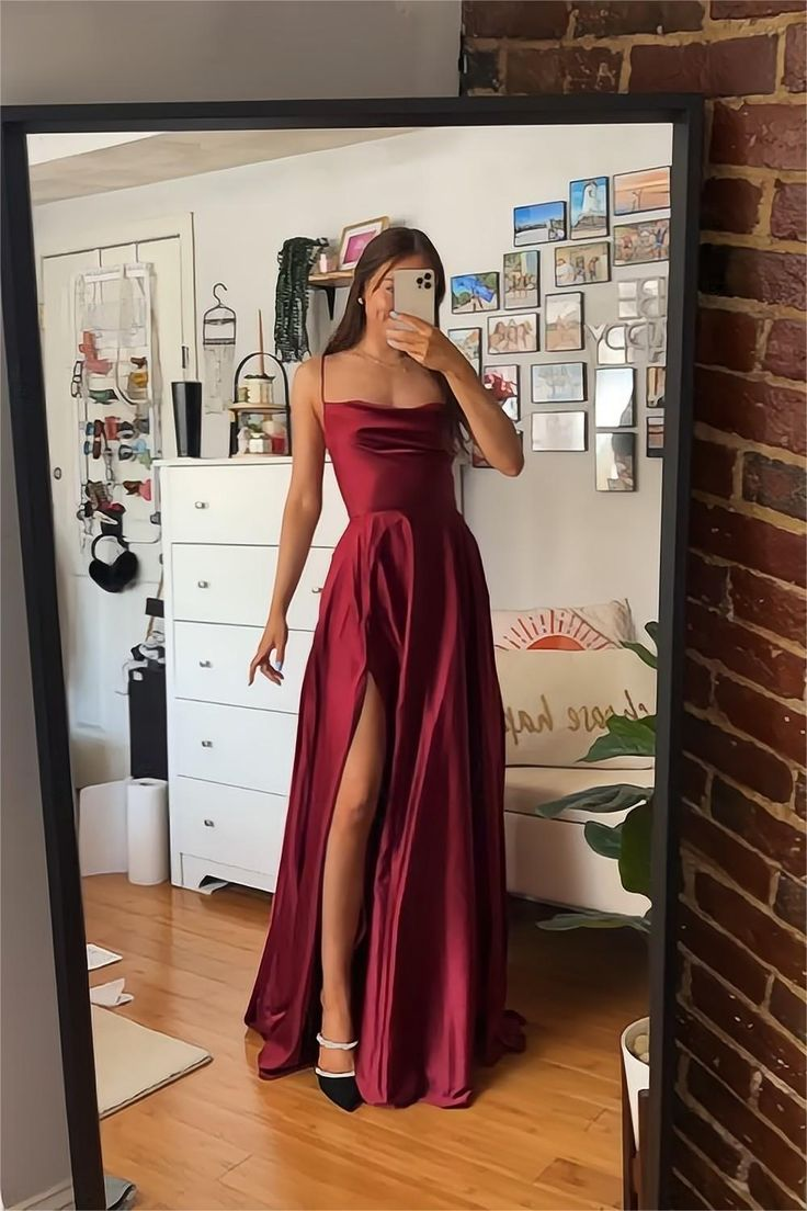 A Line Spaghetti Straps Burgundy Long Prom Dress with Split Front - VelvetHem