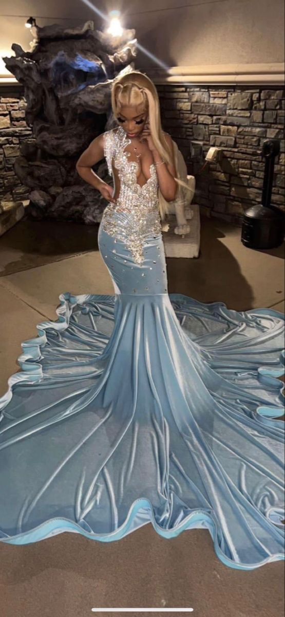 Baby Blue Mermaid African Prom Dress Evening Dress Y6566 - VelvetHem