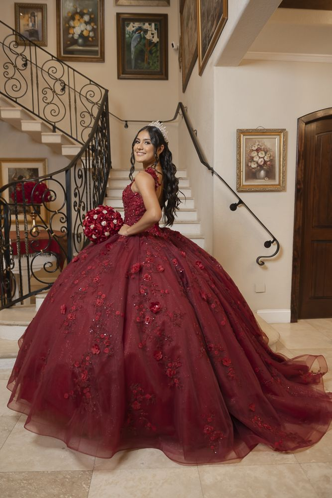 Burgundy Ball Gown With Flowers,Sweet 16 Dress, Burgundy Quinceanera Dress Y2345 - VelvetHem