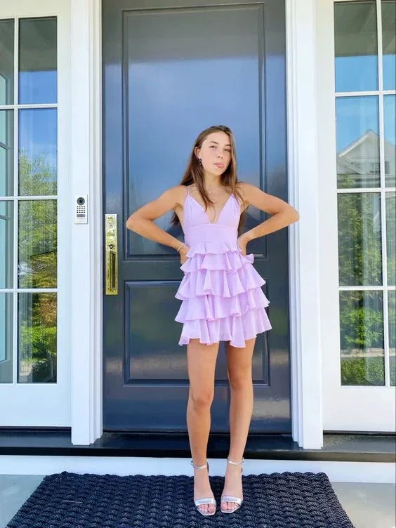 A-line V Neck Light Lavender Short Homecoming Dress Layered Cute Homecoming Dress (ZD11896) - VelvetHem