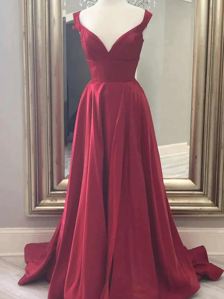 A Line V Neck Burgundy Long Prom Dresses, Off the Shoulder Burgundy Formal Evening Dresses Y246 - VelvetHem