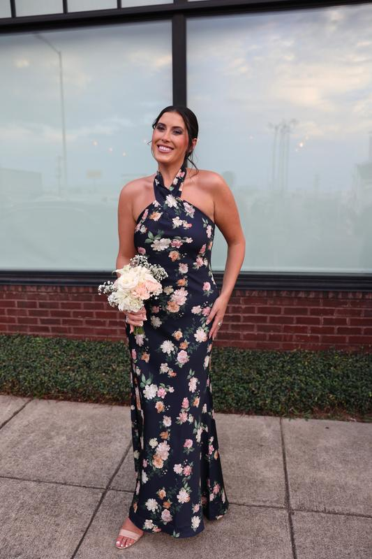 Pretty Halter Navy Blue Satin Print Long Prom Dress Evening Dress Y8453 - VelvetHem