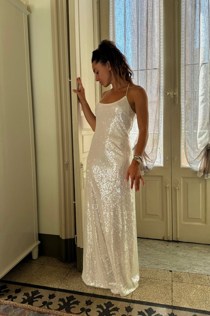 Elegant White Sequins Long Evening Dress Prom Party Dress - VelvetHem