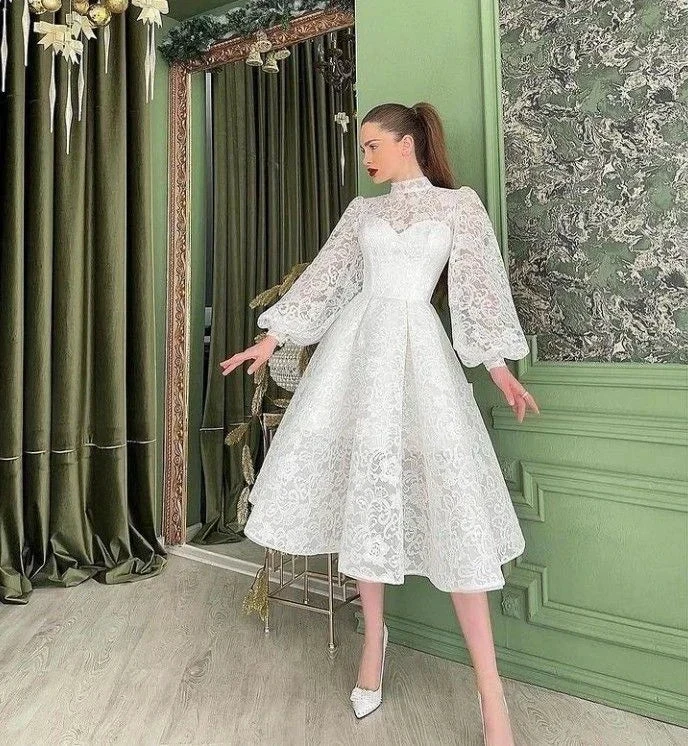 Mid Calf Wedding Dress, Women's Summer Dress White High Collar With Puff Sleeves Y4789 by simplepromdress