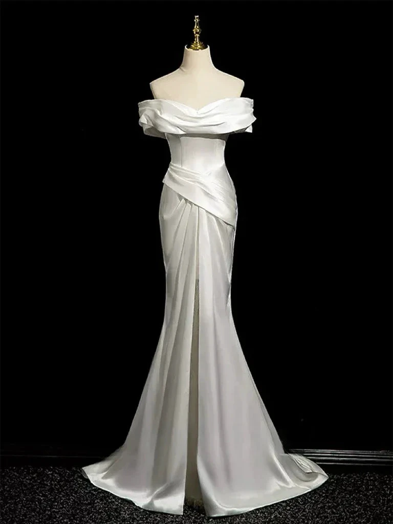 Simple Mermaid Off Shoulder Satin White Long Prom Evening Dress, Formal Wedding Dress (ZD13737) - VelvetHem