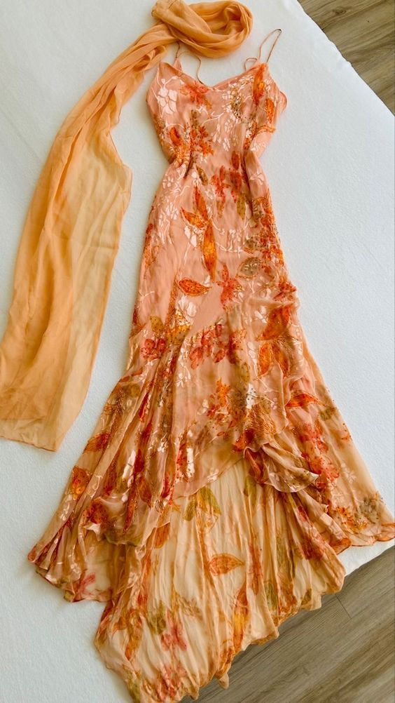 Unique Orange Chiffon Print Floral Beaded Mermaid Prom Dress - VelvetHem