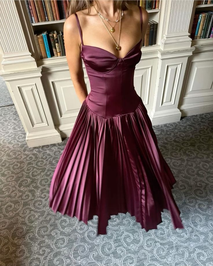 Vintage Burgundy A Line Party Prom Dress,Spaghetti Straps Satin Evening Gown