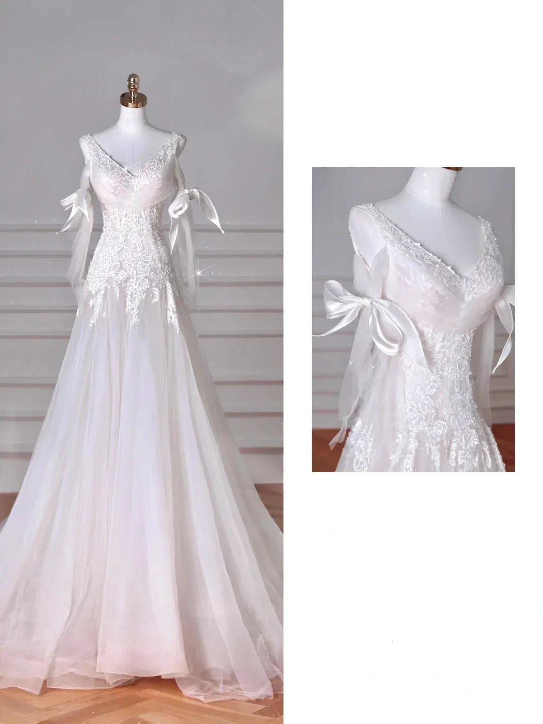 Fairy White V Neck Tulle Lace Appliques Mermaid Evening Dress,Long Wedding Dress (ZD13761) - VelvetHem