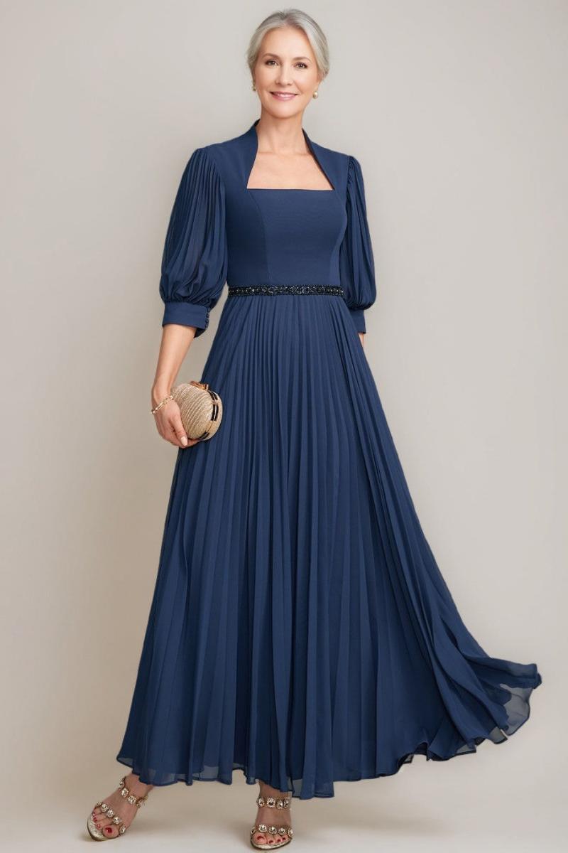 Queen Anne Neckline A line Ankle Length Mother of the Bride Dress with Pleats Sequins & Beads