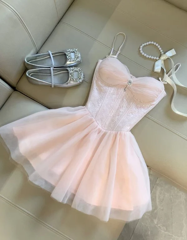 Cute Spaghetti Straps Pink Tulle A Line 15th Birthday Outfits Formal 8th Grade Homecoming Dress
