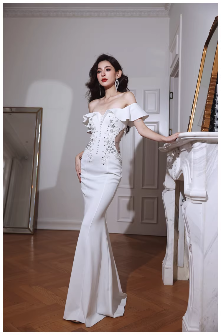 Elegant Off The Shoulder White Satin Appliques Mermaid Evening Dress Long Wedding Guest Dress - View 2 | VelvetHem