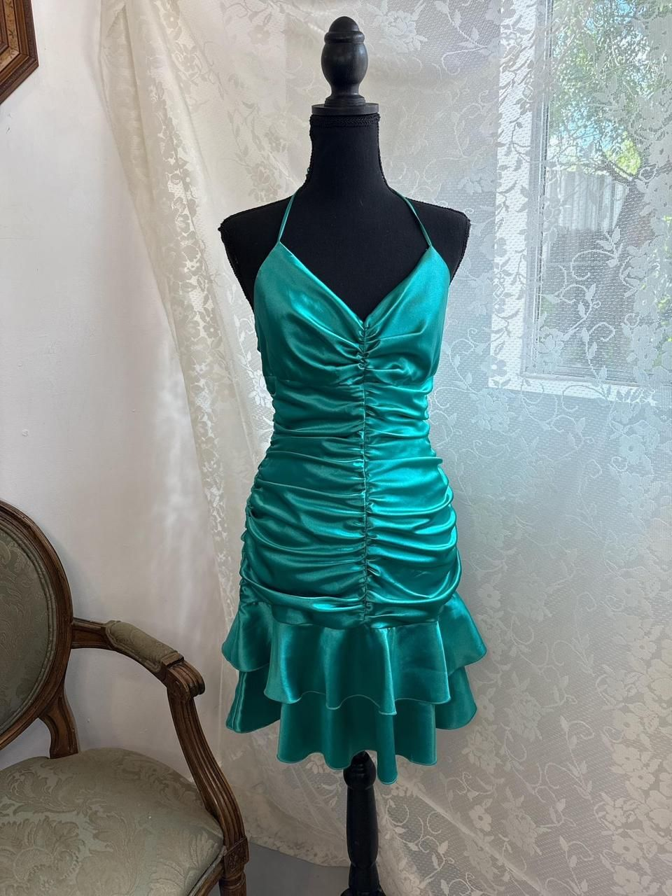 Elegant Halter Green V Neck Satin Pleated Ruffled Mini Party Dress Formal 7th Grade Homecoming Dress - VelvetHem