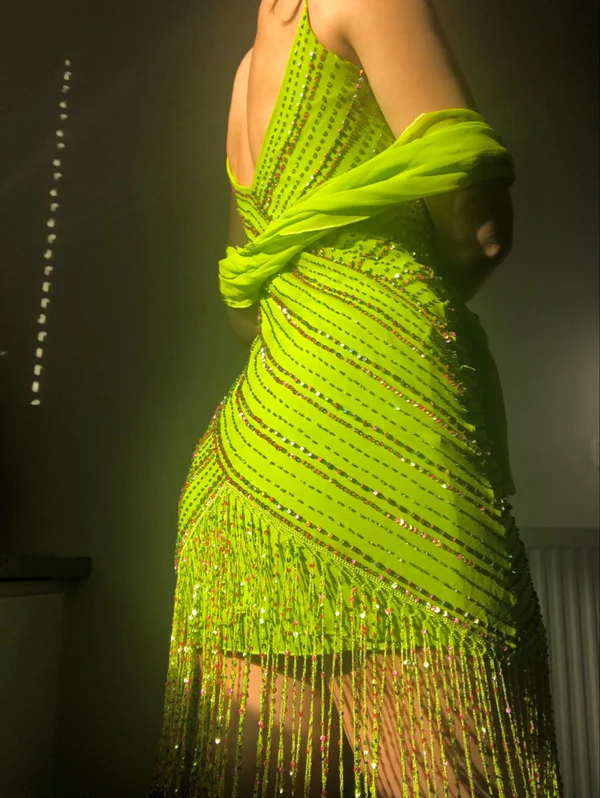 Gorgeous Spaghetti Straps Lemon Green Chiffon Beaded Bodycon Cocktail Dress Formal Homecoming Dress Birthday Outfits