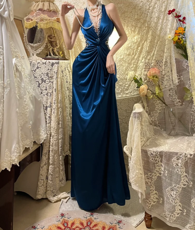 Fashion V Neck Navy Blue Satin Beaded Mermaid Long Party Dress Evening Dress - View 2 | VelvetHem