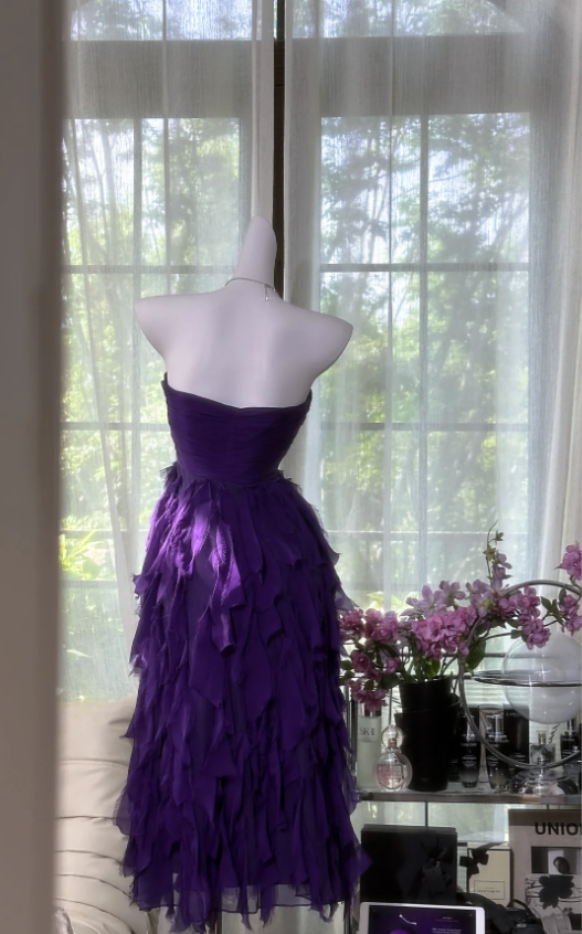 BeautifuL Sweetheart Neck Purple Chiffon Layered Long Prom Dress Formal Evening Dress