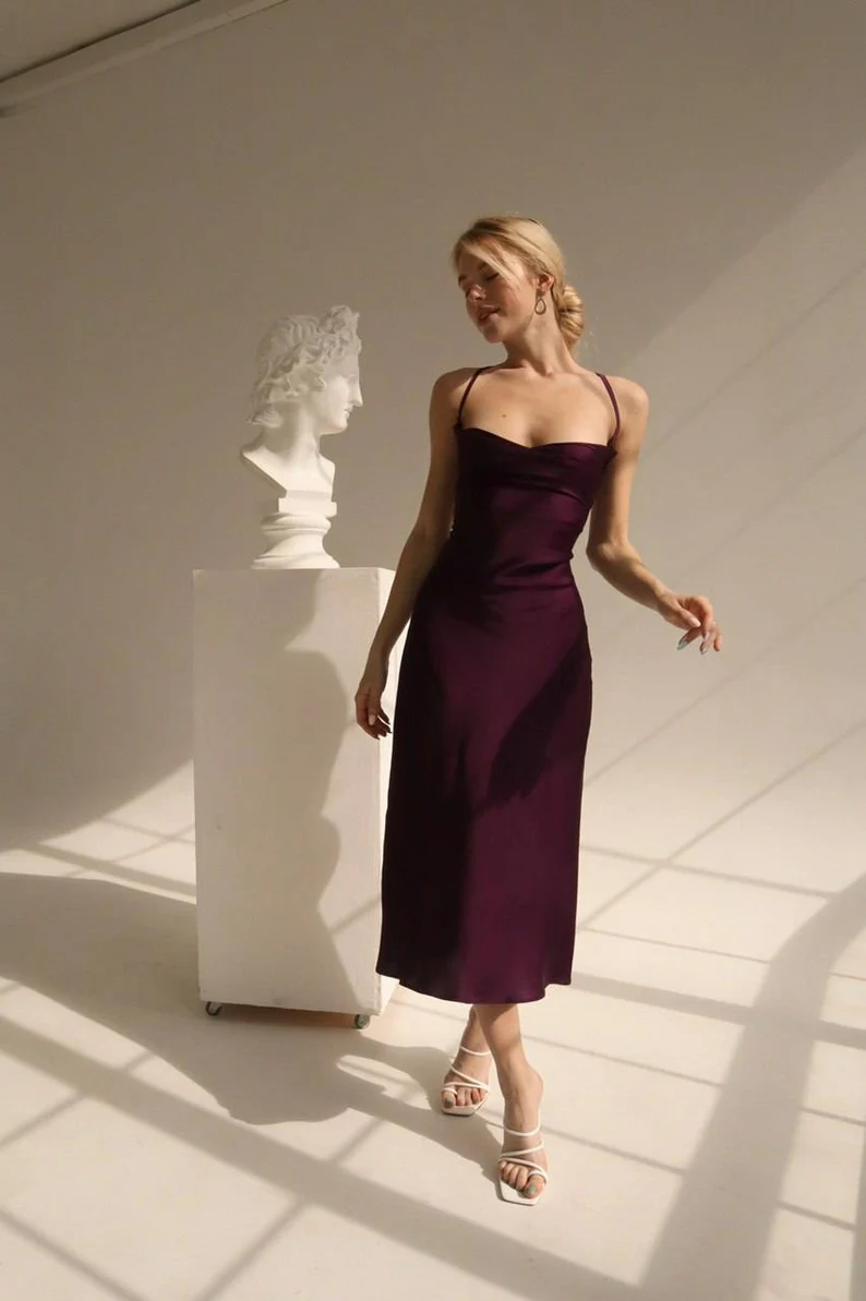 Midi Silk Slip Dress With Cowl Neck Sheath Backless Party Dress - View 3 | VelvetHem
