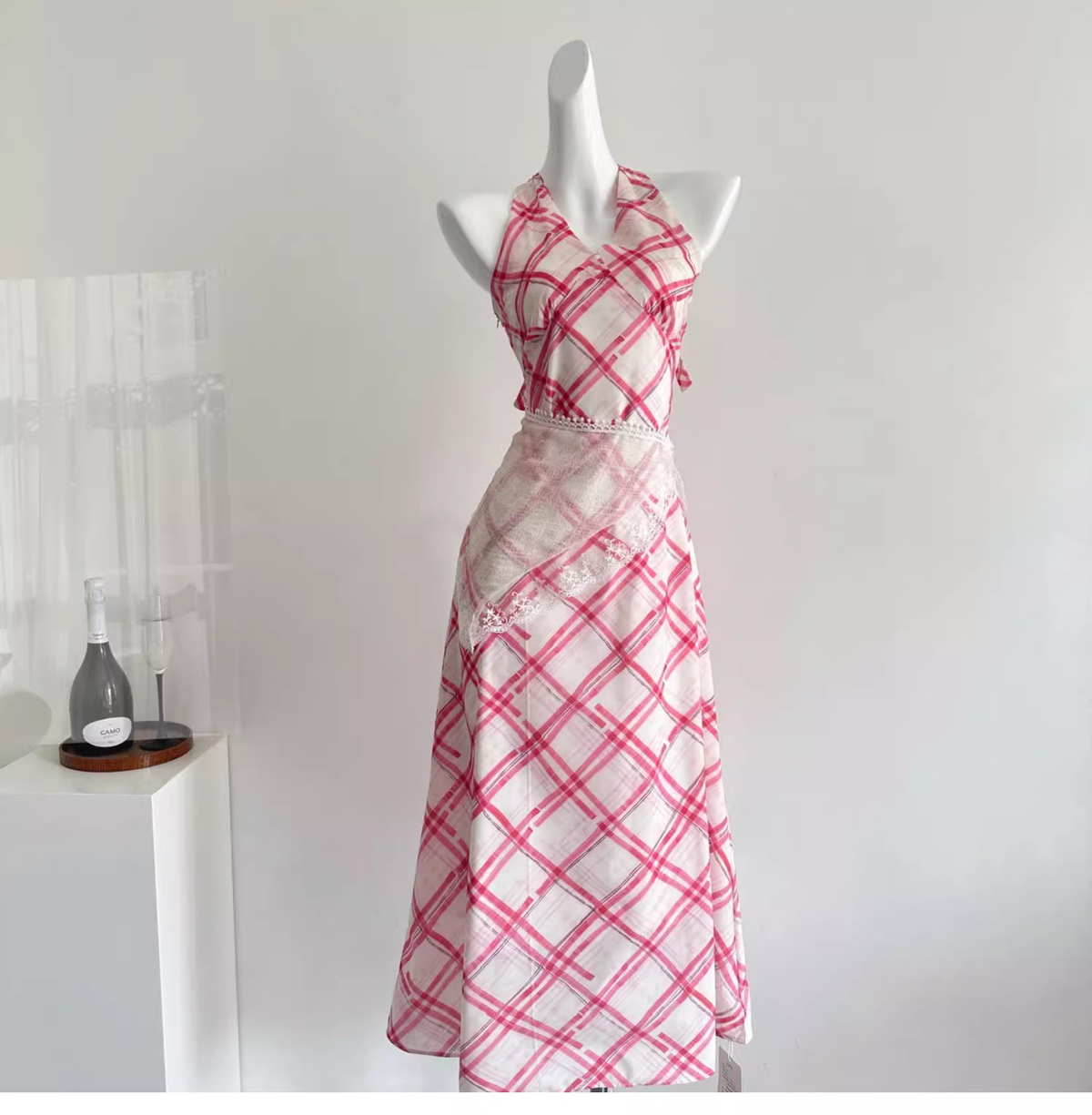 Red White Grid French A Line Vacation Dress Birthday Dress - VelvetHem