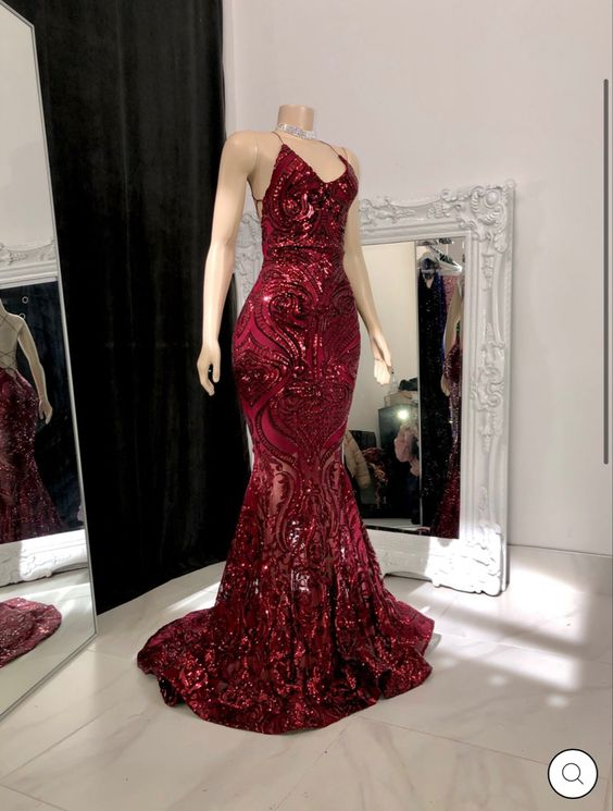 Sexy Burgundy Mermaid Prom Dresses Straps Glitter Sequins Evening Dress - VelvetHem