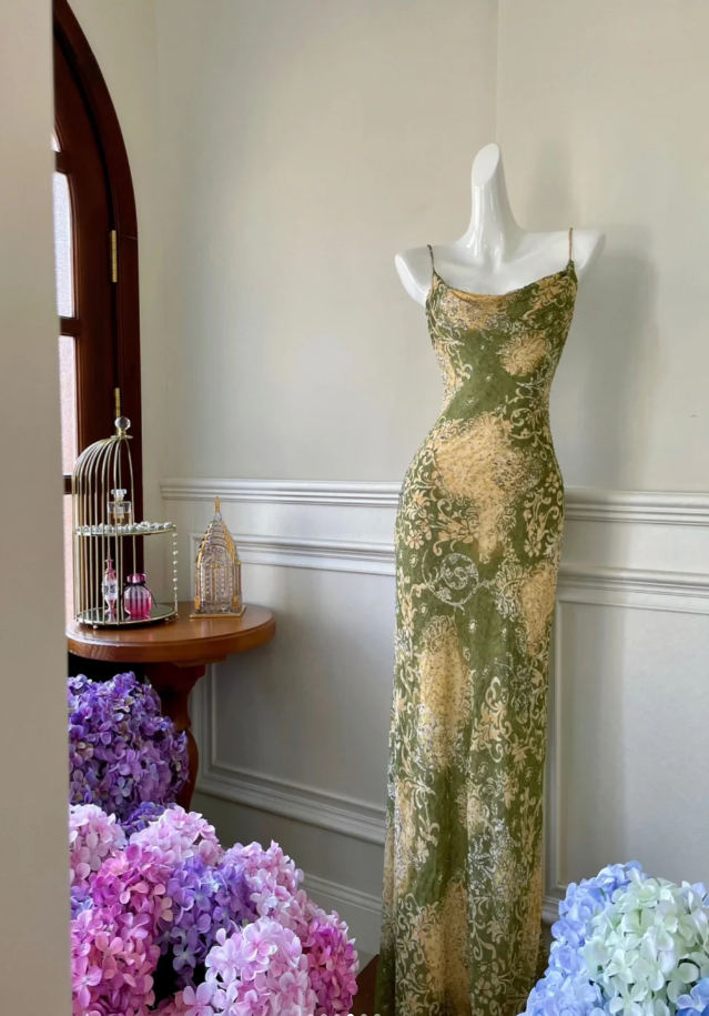 Vintage Spaghetti Straps Green Chiffon Print Floral Beaded Mermaid Evening Dress Long Party Dress - View 2 | VelvetHem