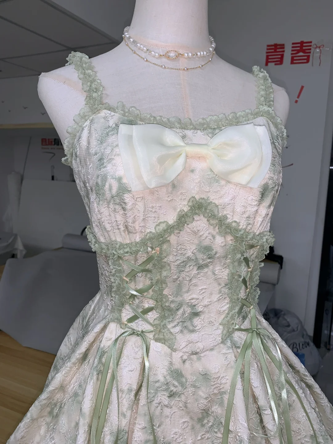 Pretty Pastel Green Spaghetti Straps Lace Print Floral A Line Homecoming Dress 16th Birthday Outfits - View 3 | VelvetHem