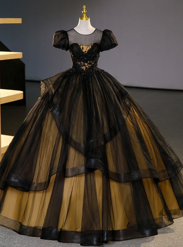Black Tulle Puff Sleeves Appliques Beading Quinceanera Dress Sweet 16 Ball Gown - VelvetHem