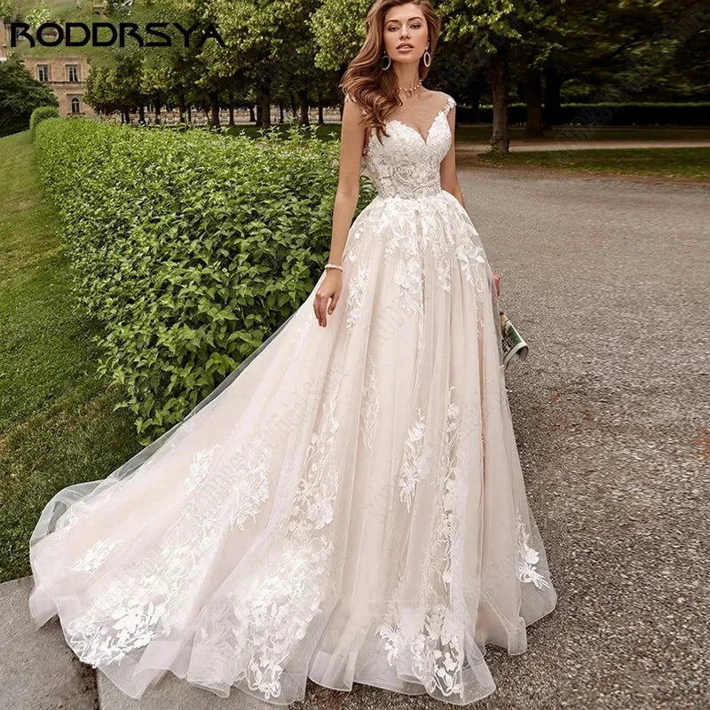 Beach Cap Sleeves Wedding Dresses Illusion Lace Buttons Back Bridal Gown Women Appliques Tulle vestidos de novia playa (ZD13407) - VelvetHem