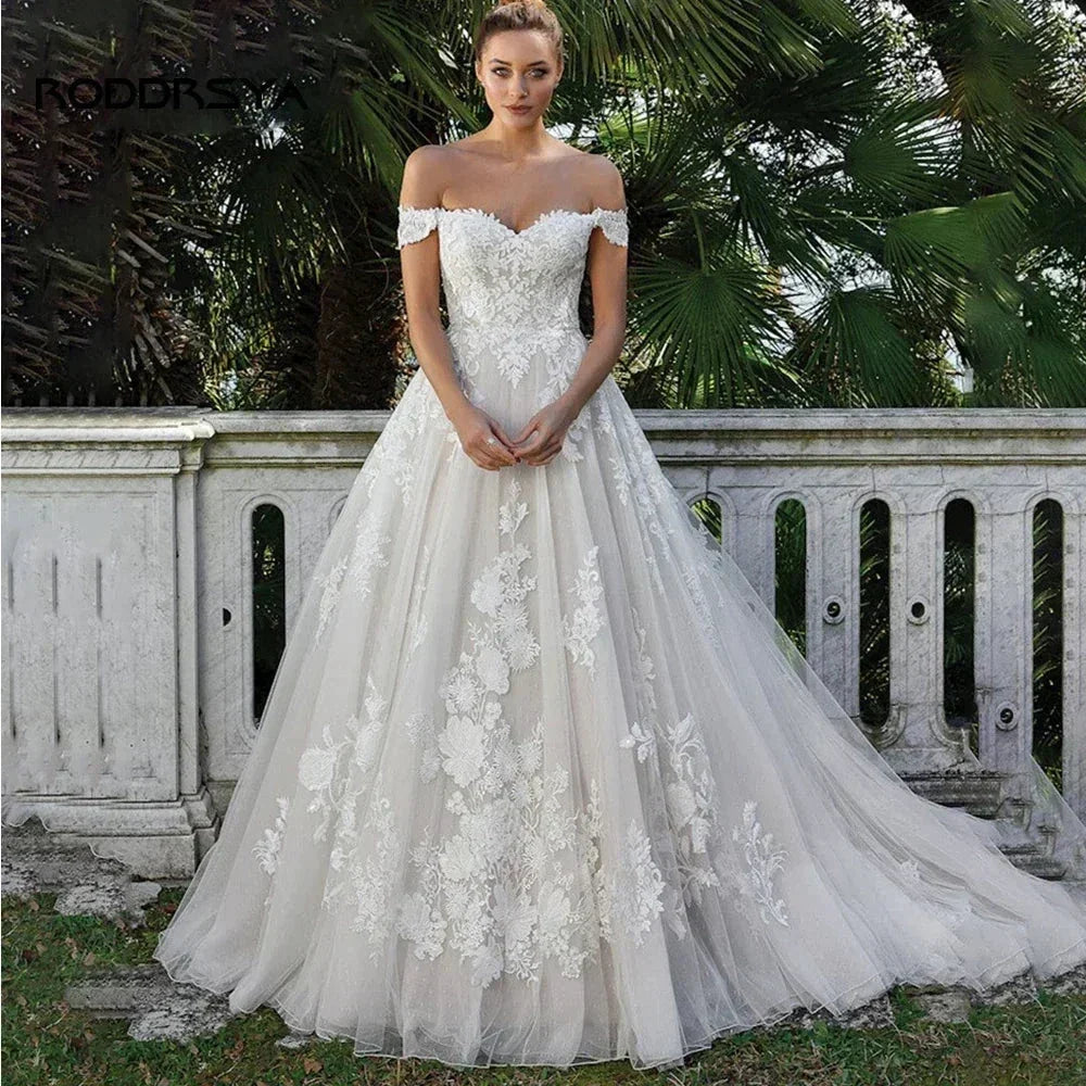 RODDRSYA Elegant A-line Lace Wedding Dresses For Women Appliques Off-Shoulder Bridal Gown Backless Sweep Train Vestidos De Noiva (ZD13335) - VelvetHem
