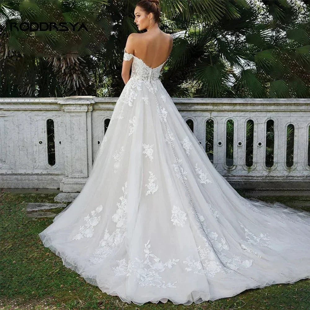 RODDRSYA Elegant A-line Lace Wedding Dresses For Women Appliques Off-Shoulder Bridal Gown Backless Sweep Train Vestidos De Noiva (ZD13335)