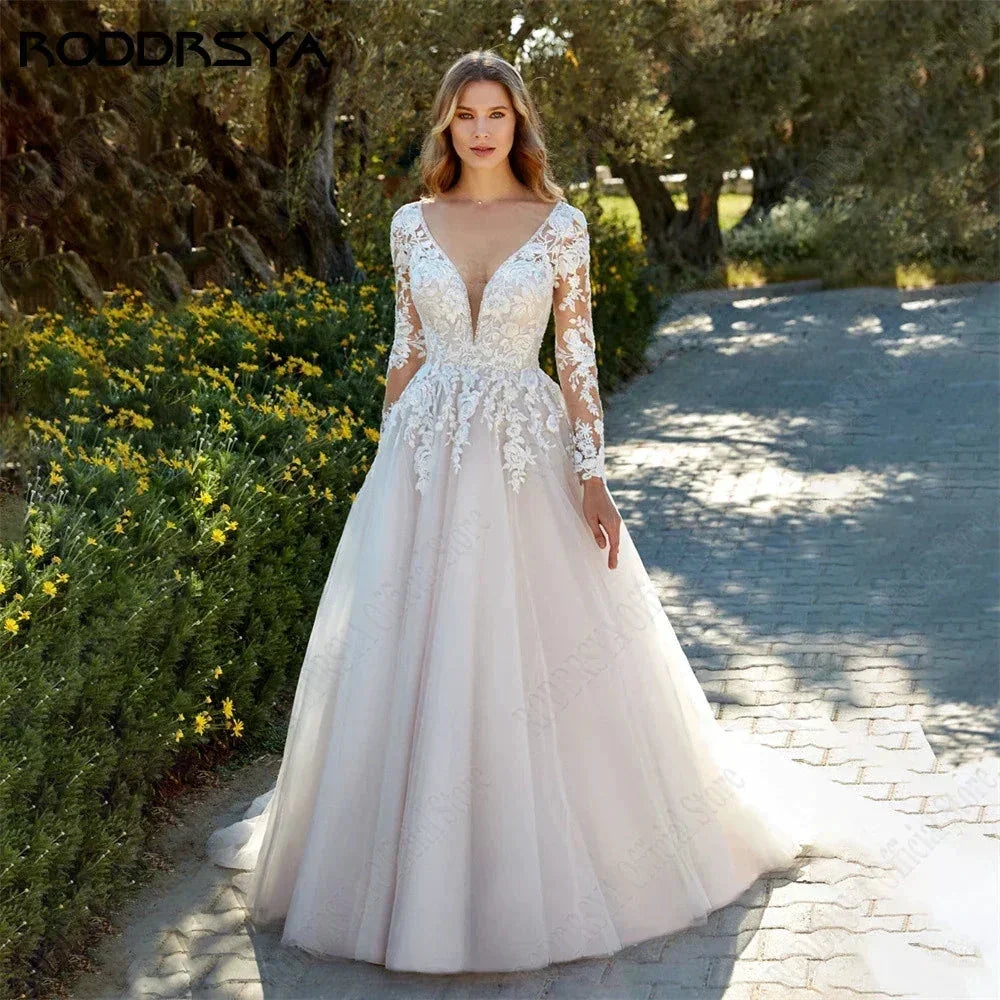 Princess Light Champagne Wedding Dresses Long Sleeves Backless A-Line Bride Gowns Applique Tulle vestidos de novia (ZD13540) - VelvetHem