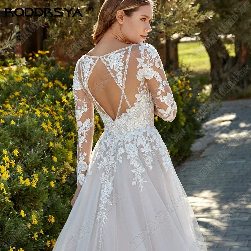 Princess Light Champagne Wedding Dresses Long Sleeves Backless A-Line Bride Gowns Applique Tulle vestidos de novia (ZD13540)