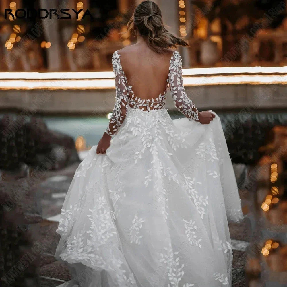Sexy Backless Wedding Dresses New 2023 Long Sleeves Bride Gowns V-Neck A-Line Lace Applique Tulle vestidos de novia (ZD13330)