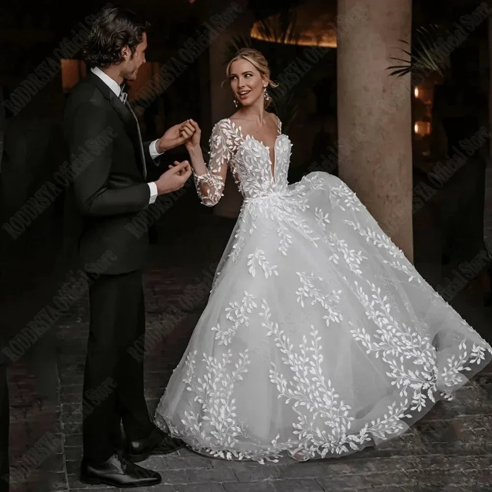 Sexy Backless Wedding Dresses New 2023 Long Sleeves Bride Gowns V-Neck A-Line Lace Applique Tulle vestidos de novia (ZD13330) - VelvetHem